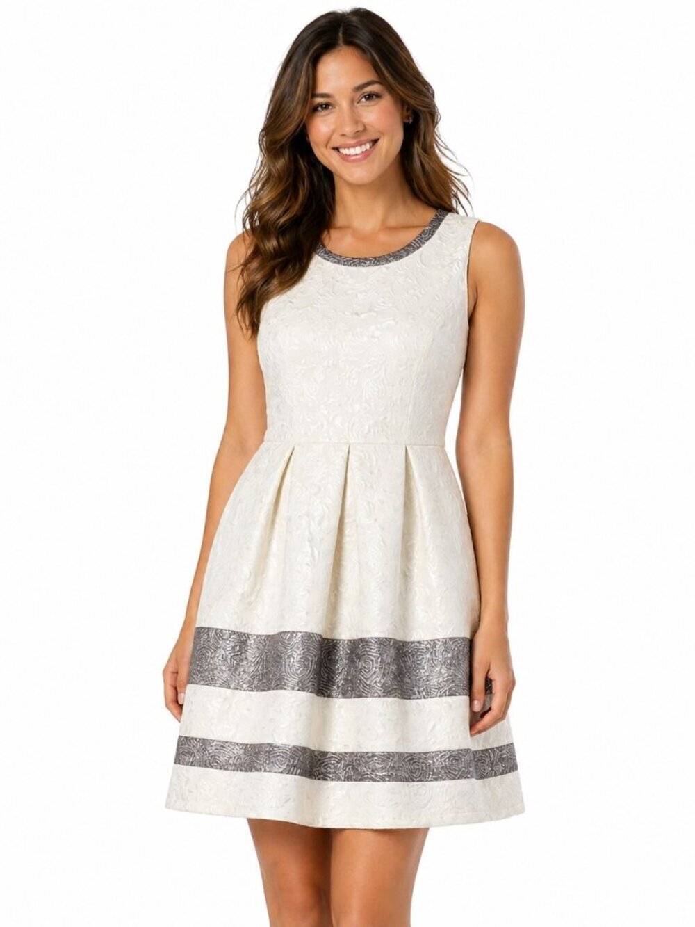 Poema Silver White Brocade Sleeveless Dress
